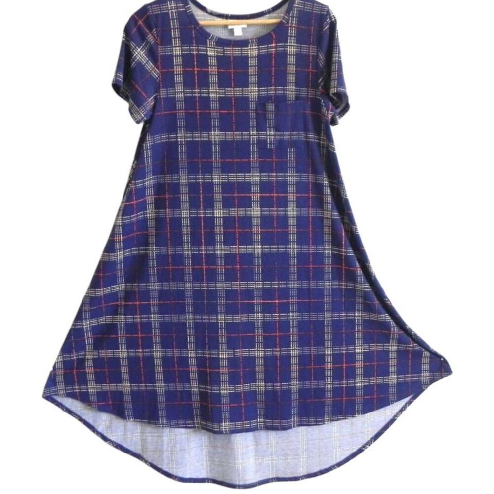 LulaRoe Navy Plaid Carly Dress Oversized Fit hi Low Short Sleeve Swing New Sz XS